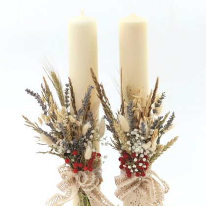 Lumânări de nuntă cu lavandă, spice de grâu și accente naturale