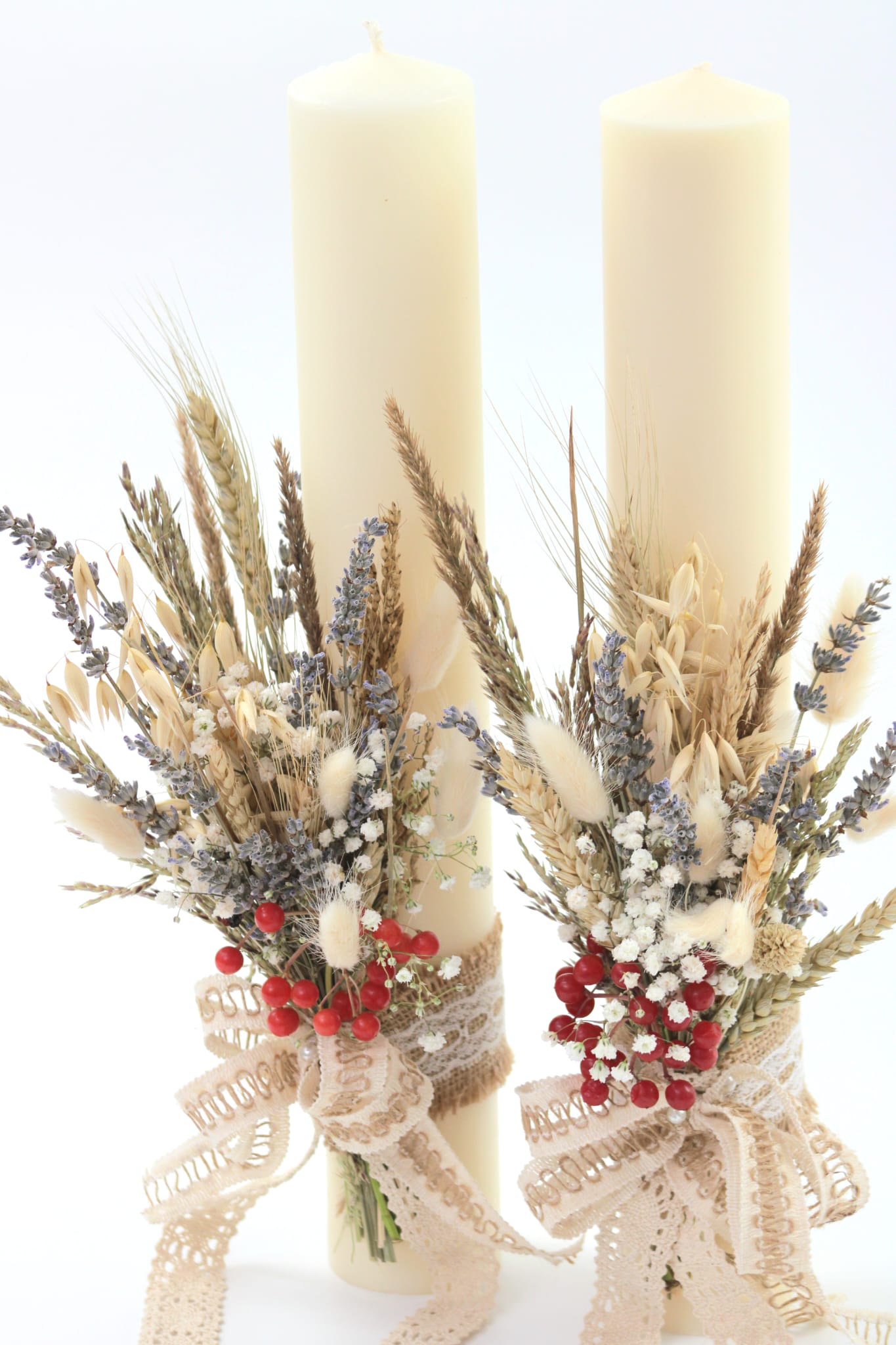 Lumânări de nuntă cu lavandă, spice de grâu și accente naturale - imagine 3